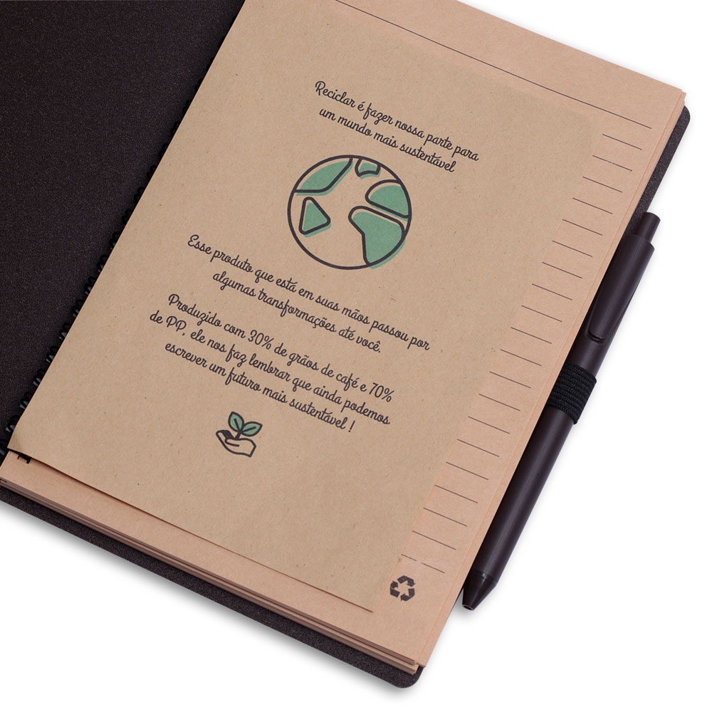 Caderno personalizado com capa produzida com grãos de café Caderno personalizado com capa produzida com grãos de café
