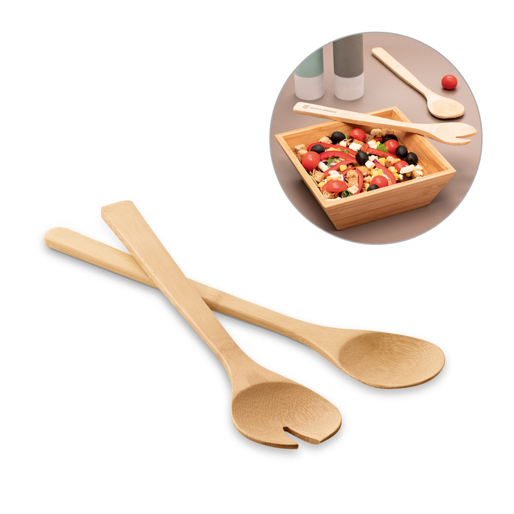 Conjunto personalzados de 2 talheres para salada em bambu