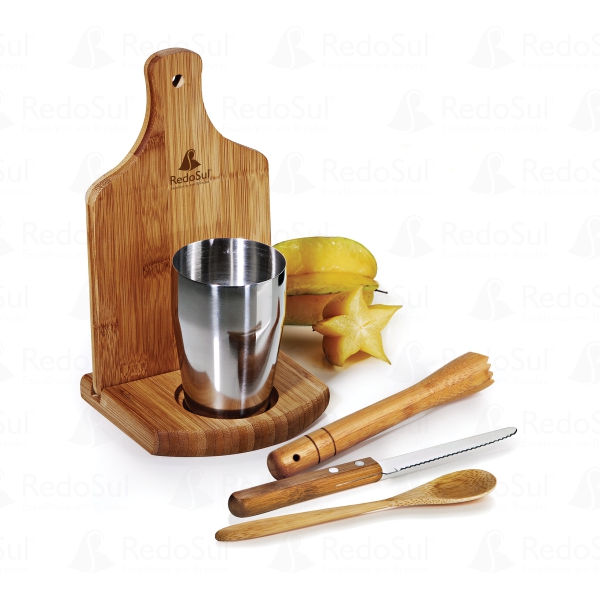 RD 7000443-Kit Para Caipirinha Personalizado em Bambu  com Copo Inox