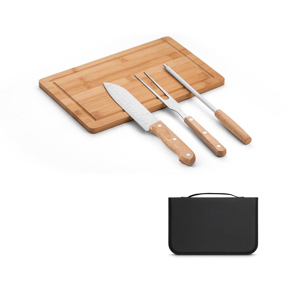  Kit churrasco personalizado em estojo com tábua em bambu com 3 utensílios em aço